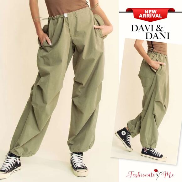 Davi & Dani Solid Utility Pocket Waist Drawstring Long Baggy Pants | Olive Green - Picture 1 of 6